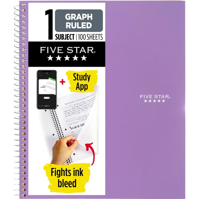 Five Star Spiral Notebook + Study App, 1 Subject, Graph Ruled Paper, Fights Ink Bleed, Water Resistant Cover, 8-1/2"" x 11"", 100 Sheets, Amethyst Purple (620000CF1) - Image 1